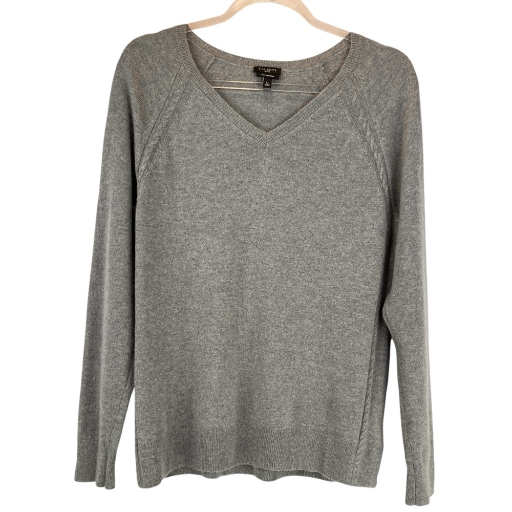 Talbots 100% Pure Cashmere Gray V-Neck Sweater Raglan Sleeve Cable Knit Sz LP